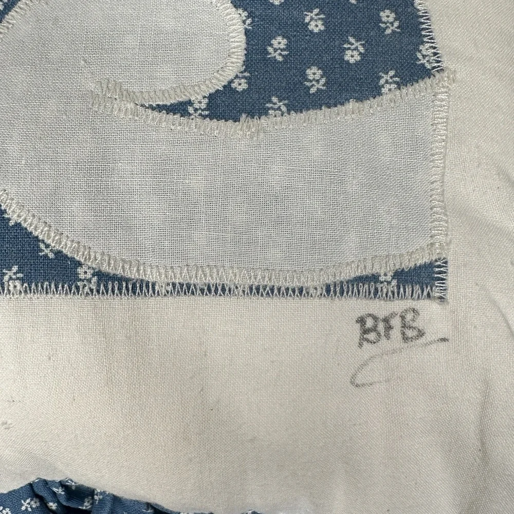 Vintage Quilt Cat Throw Pillow Blue Ruffle Grannycore Embroidered Handmade Kitty